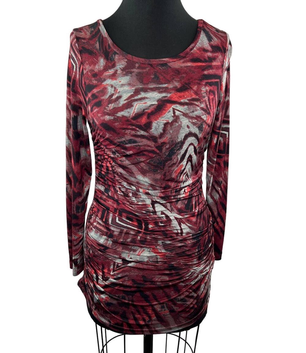 Marc Bouwer Red Black Printed Long Sleeve Ruched Blouse Top Jersey Knit XXS